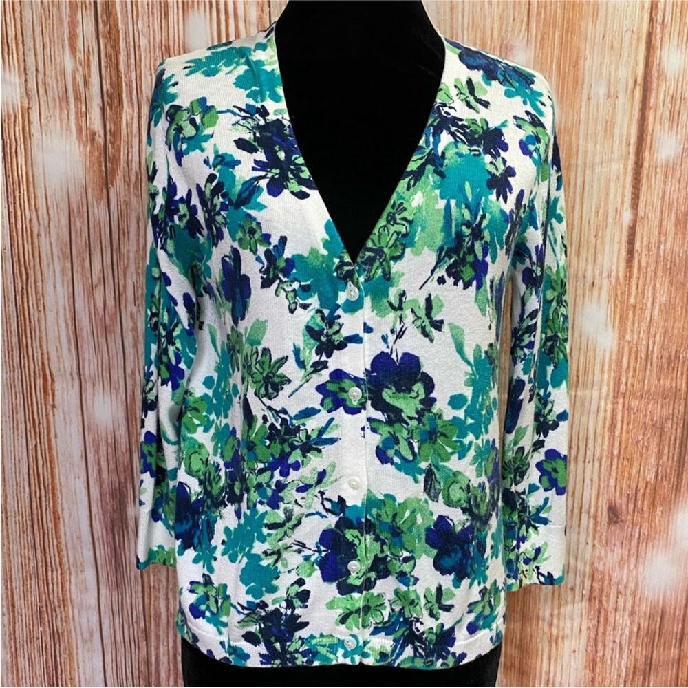 Northcrest Blue and Green Floral Button Front Cardigan Sweater
